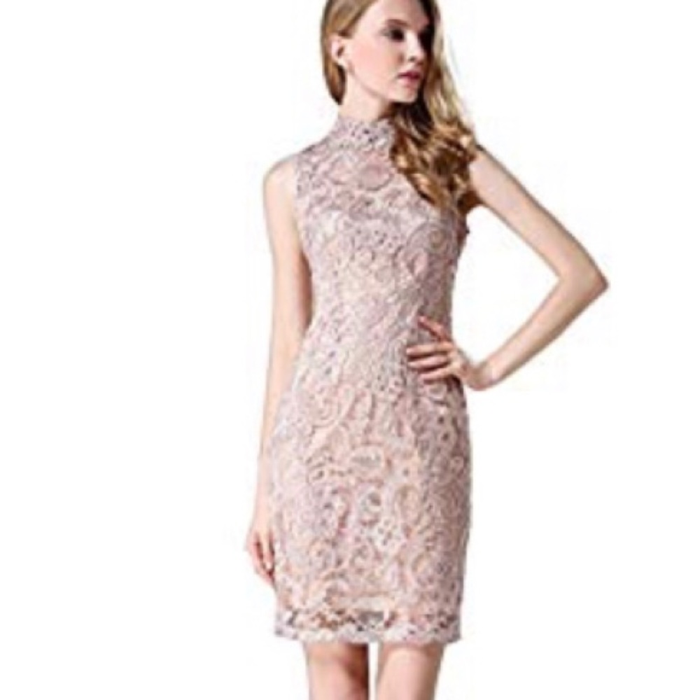 💋crochet lace form fitting high neck dress